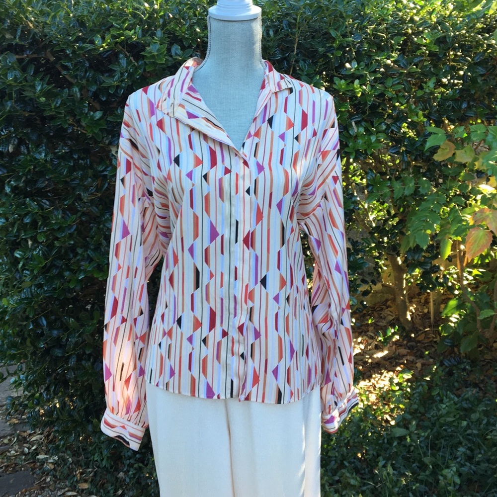 Secretary Blouse - Geometric Red White Pink Black